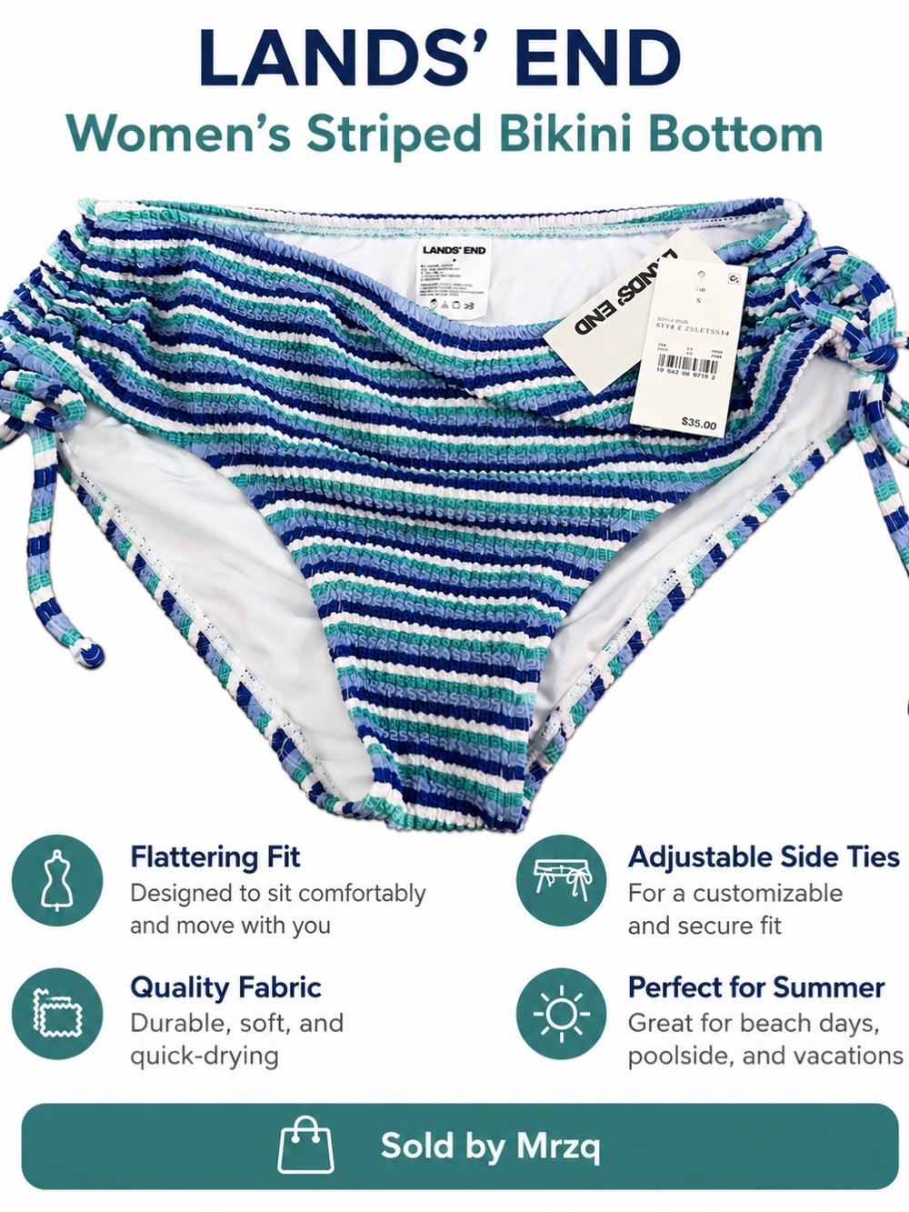 Lands' End Women's Striped Bikini Bottom in Blue, Teal, White